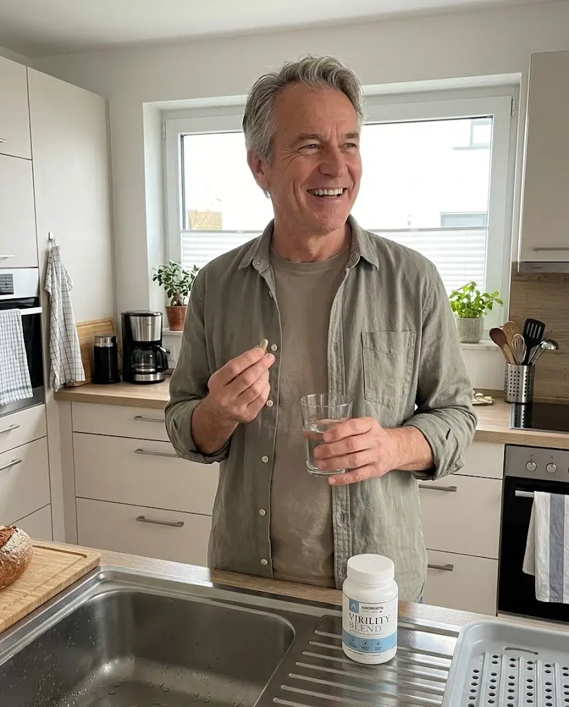 60-year-old man holding a capsule of androxen and smiling