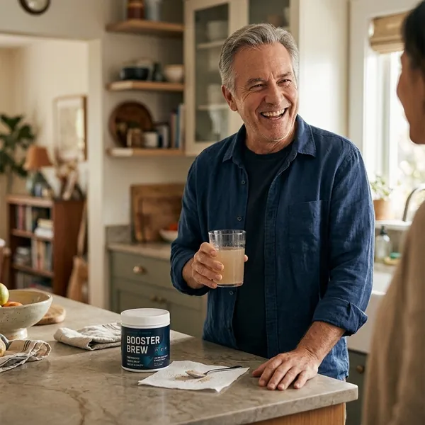 Lächelnder Mann in seiner Küche mit einem Glas angerührtem Booster Brew, die Dose auf der Arbeitsplatte