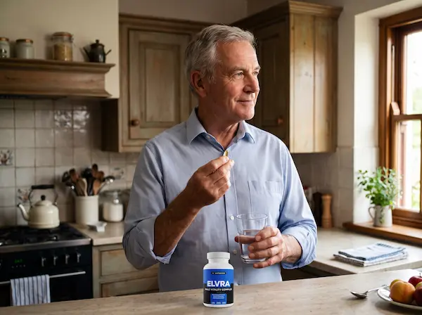 Man holding a capsule of Elvra and a glass of water in the kitchen
