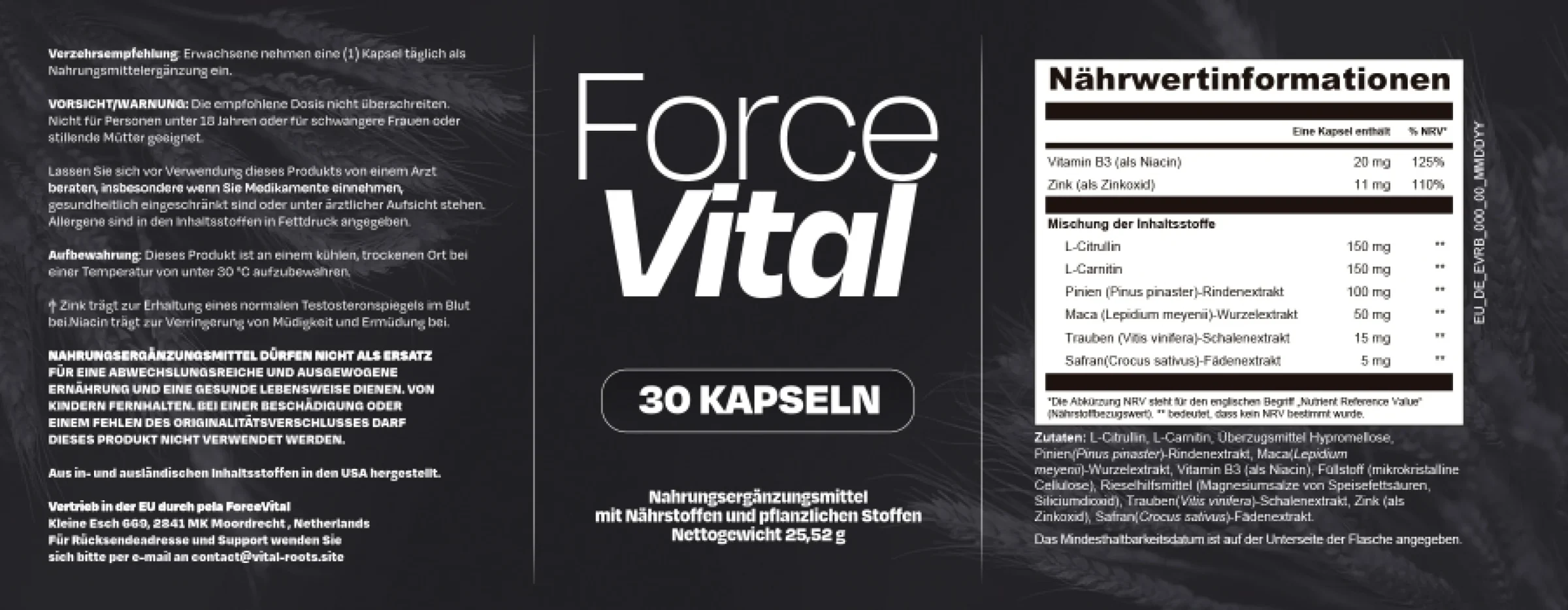 Etikett des Nahrungsergänzungsmittels ForceVital