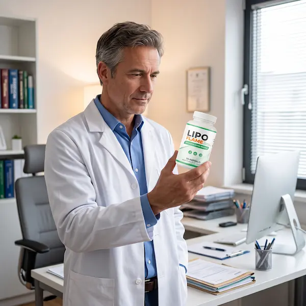 Arzt hält eine Flasche LipoFlame