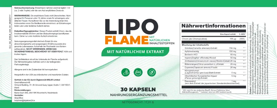 Etikett des Nahrungsergänzungsmittels LipoFlame