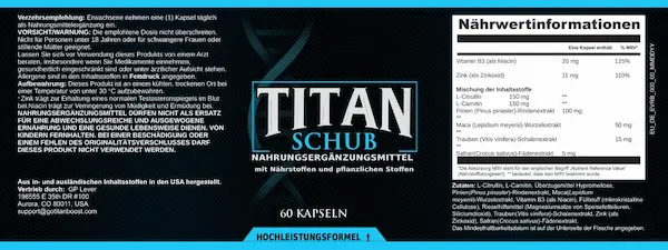 Etikett des Nahrungsergänzungsmittels Titan Schub