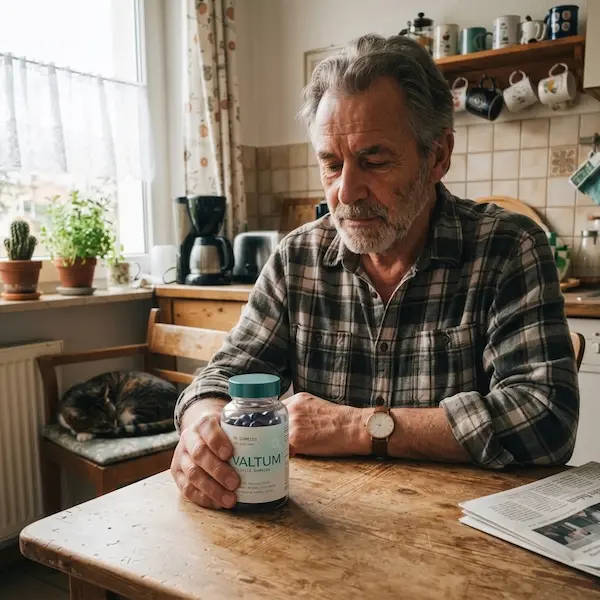 Ein 65-jähriger Mann sitzt in seiner gemütlichen Küche und hält eine Dose Valtum-Supplement in den Händen. Er blickt nachdenklich auf das Produkt, während im Hintergrund eine Katze auf einem Stuhl schläft und eine Zeitung auf dem Tisch liegt. Natürliches Licht fällt durch das Fenster.